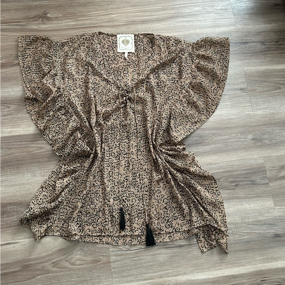 Z & L Light Brown Cheetah Print Sheer Ruffle Side Top Women One Size